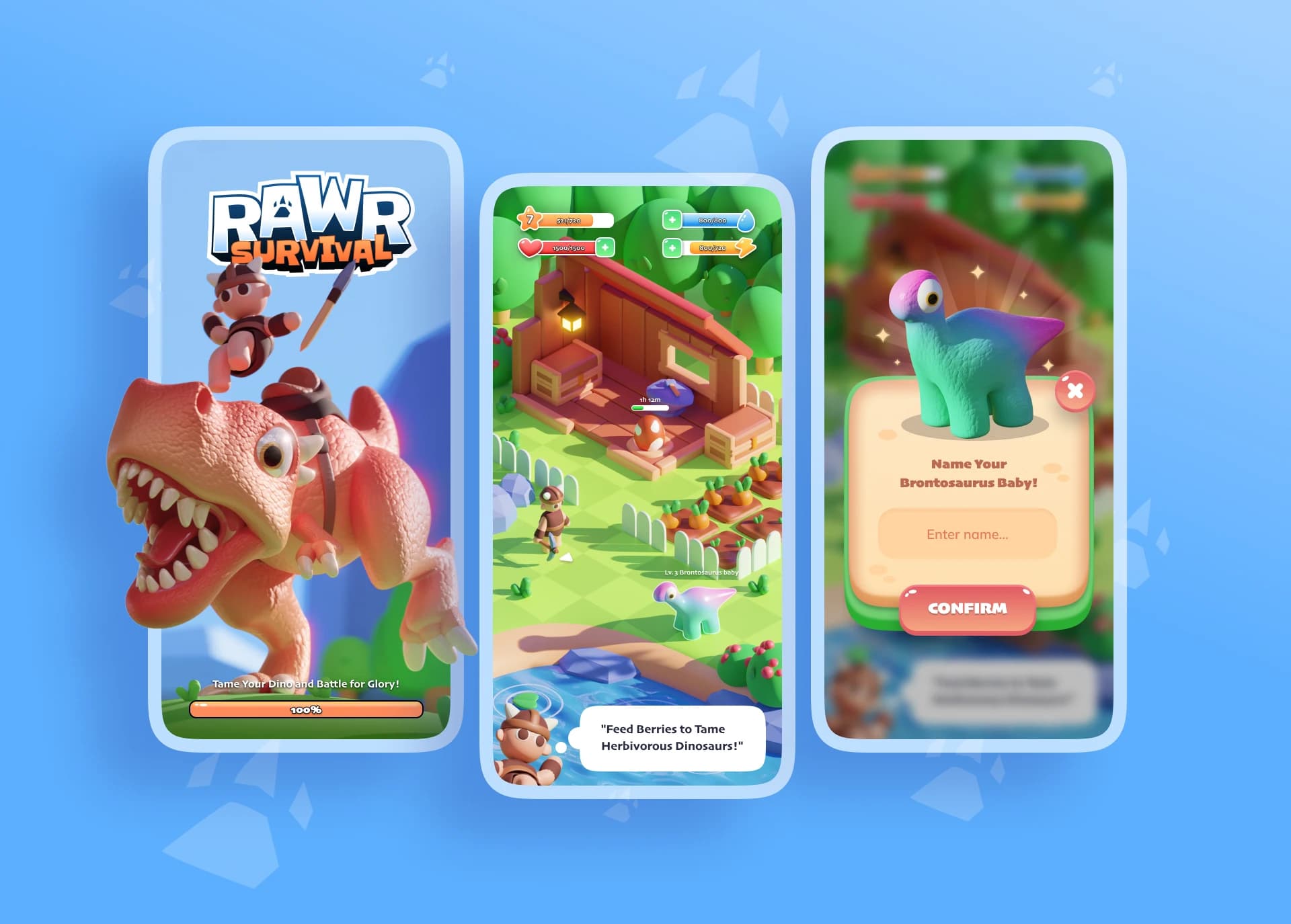RAWR Survival game UI showing 3D dinosaur characters and mobile game screens
