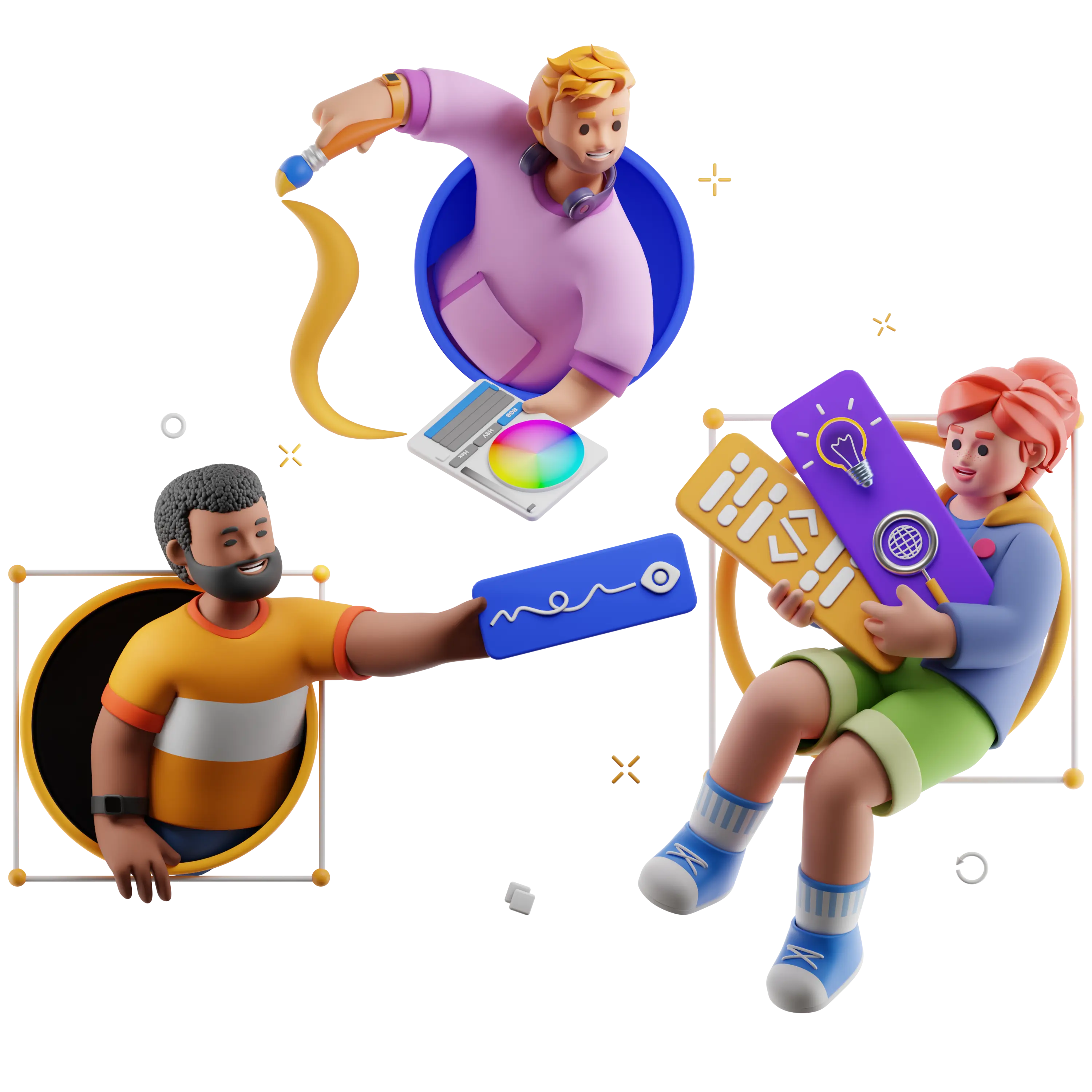 3D character surrounded by colorful design elements shaped like an S