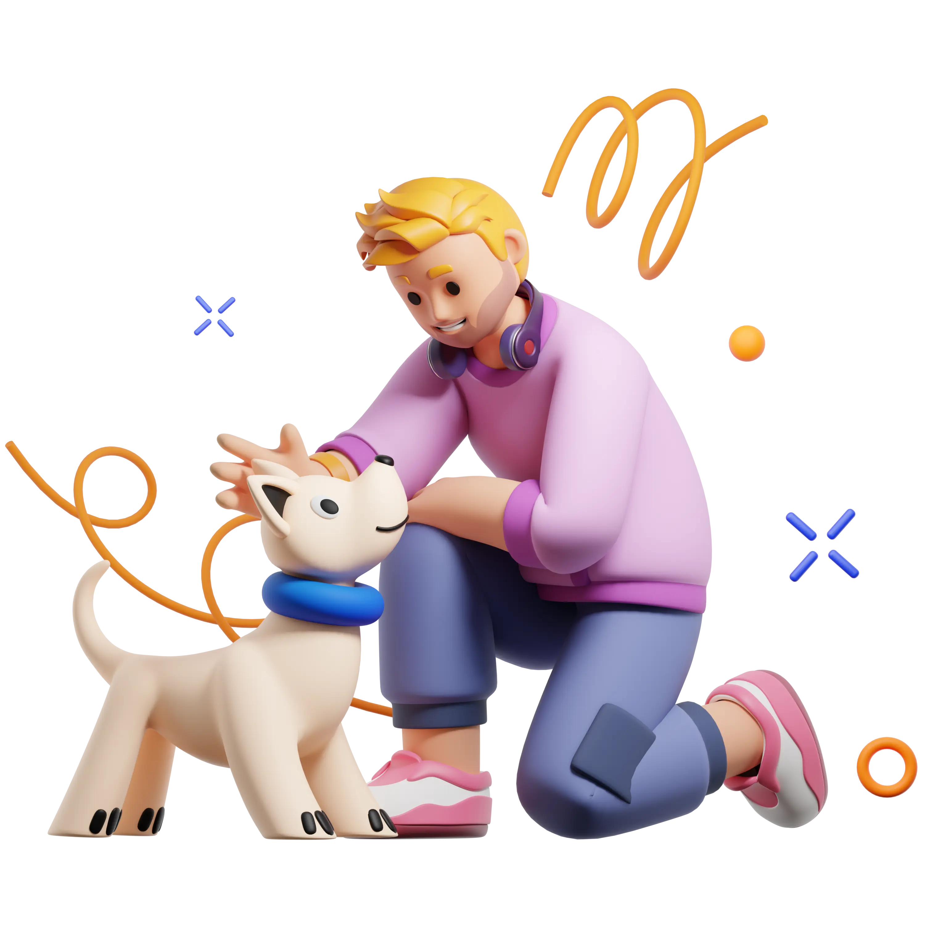 Character playing with a friendly cat mascot and decorative elements