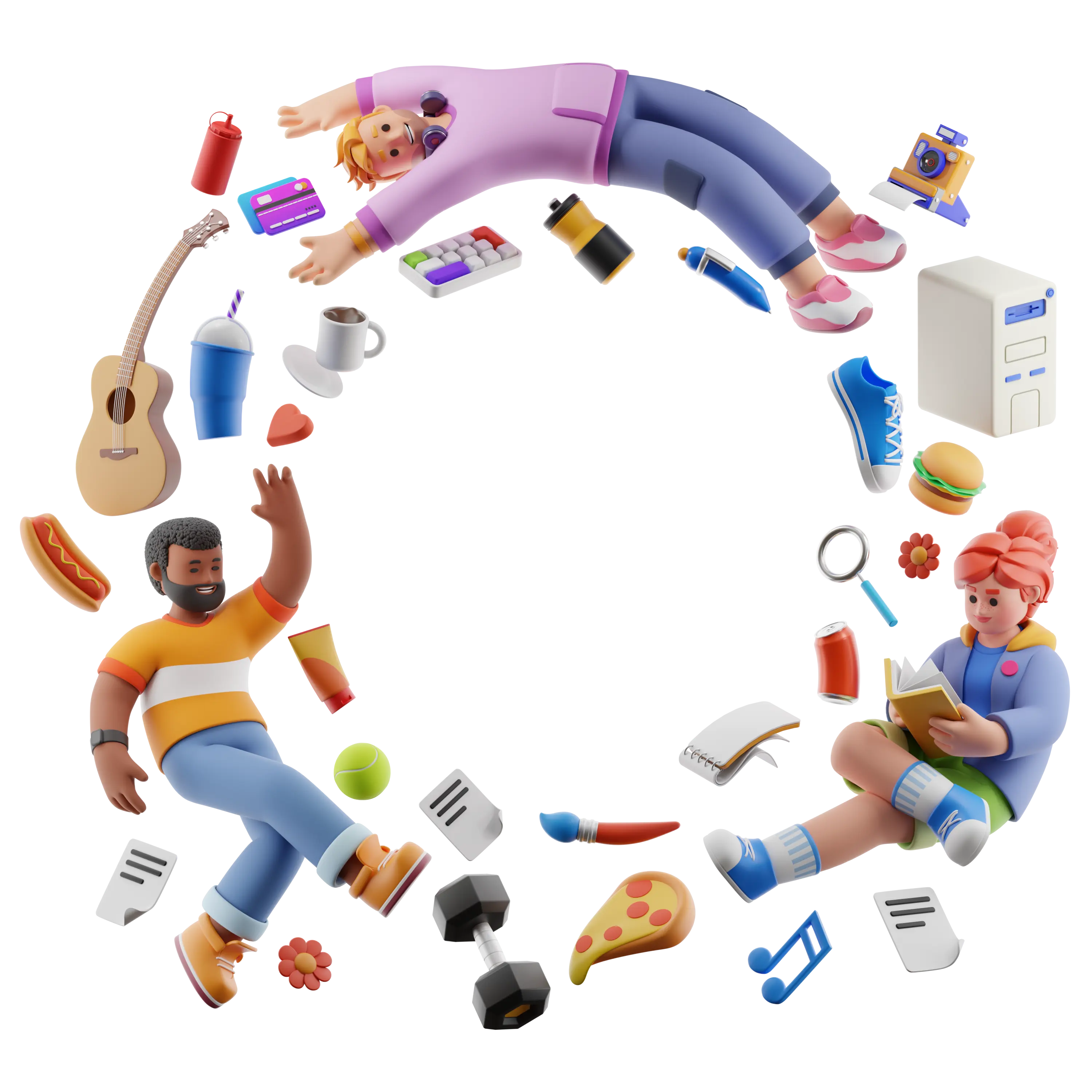 3D illustration showing Orenji Studio's services with characters and design tools